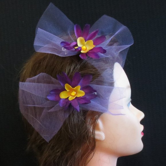 Hand Crafted Barrettes Purple Chrysanthemum Floral Tulle Bling for Women & Girls - Picture 2 of 9